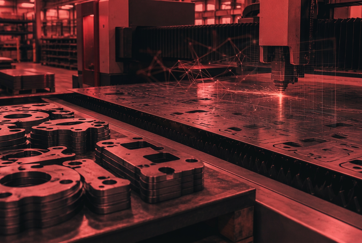 Fibre laser cutting nested parts from a steel sheet with a predictive data overlay