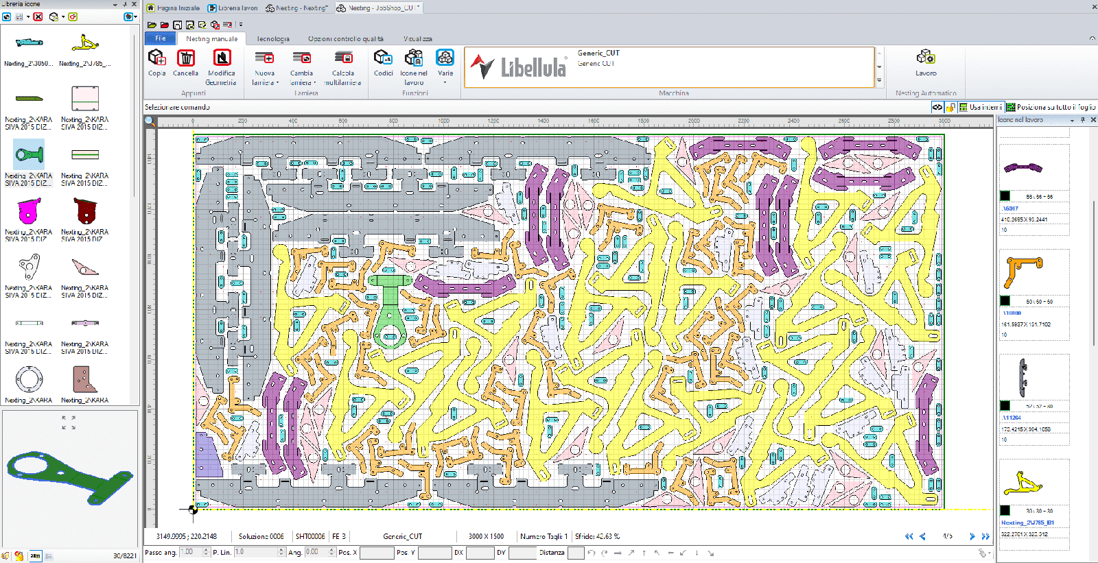Original Libellula.CUT software interface showing sheet metal nesting